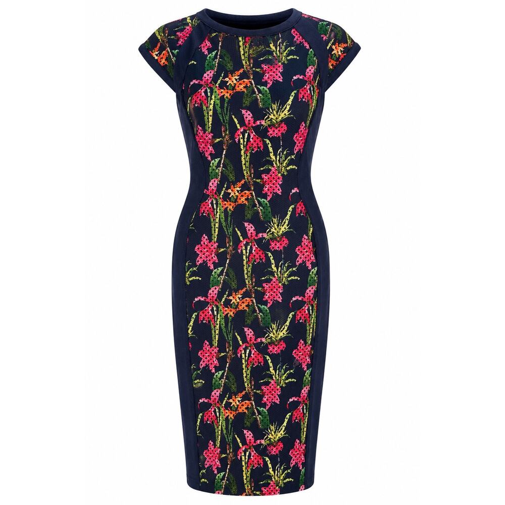 Pink Martini Navy Tropical Floral Sheath Cap Sleeve Stretch Midi Dress Size LG